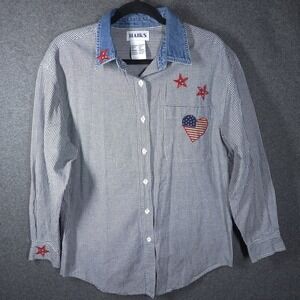 Vtg HAIKS Y2K Gingham Shirt Denim Collar Americana Patches Med